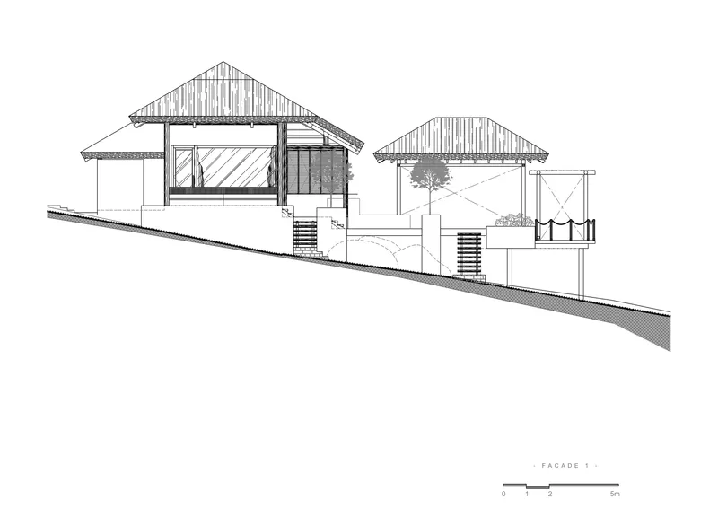 Elevation drawing depicting two pavilions with gabled roofs stepping down a sloped site