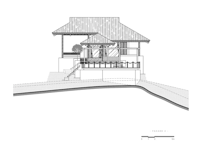Elevation drawing showing a single pavilion with open terrace and gabled roof on contoured terrain