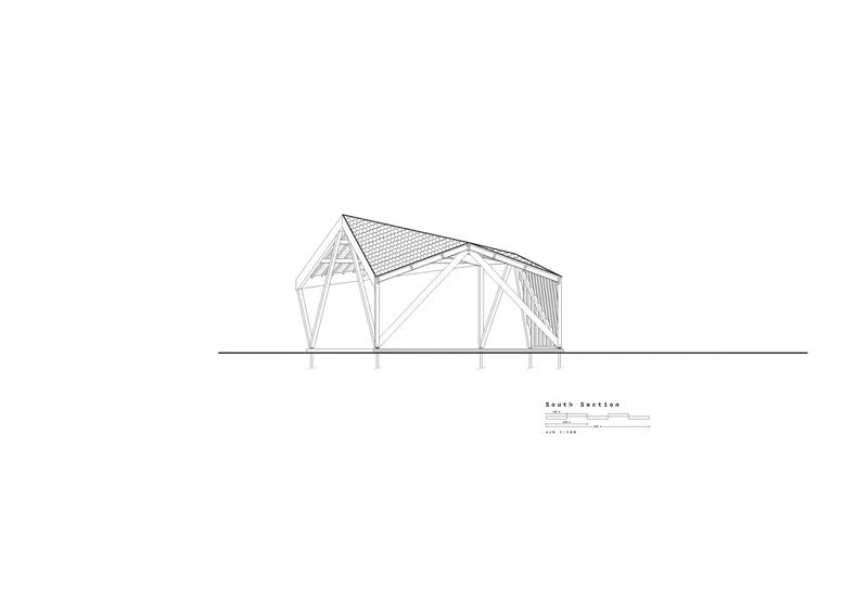 Section drawing showing triangulated timber frame supporting pitched roof over open floor