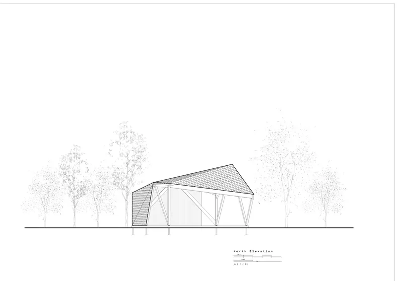 North elevation drawing depicting the peaked roof structure with exposed triangular framework and vegetation