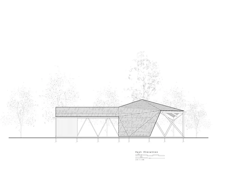East elevation drawing showing the long horizontal volume with textured roof and X-braced end walls