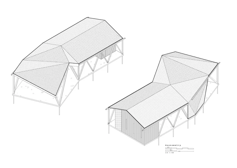 Axonometric drawing of two angled roof structures elevated on diagonal bracing columns