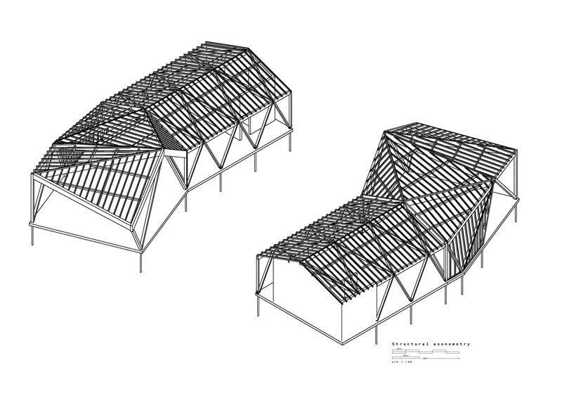 Structural axonometric drawing revealing the roof framing members and cross-braced support system below