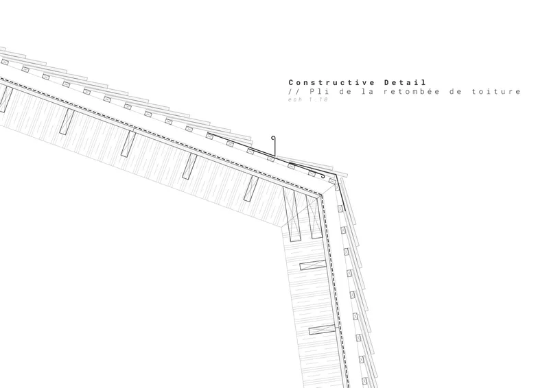 Constructive detail drawing of the angled roof ridge assembly with cladding and structural layers