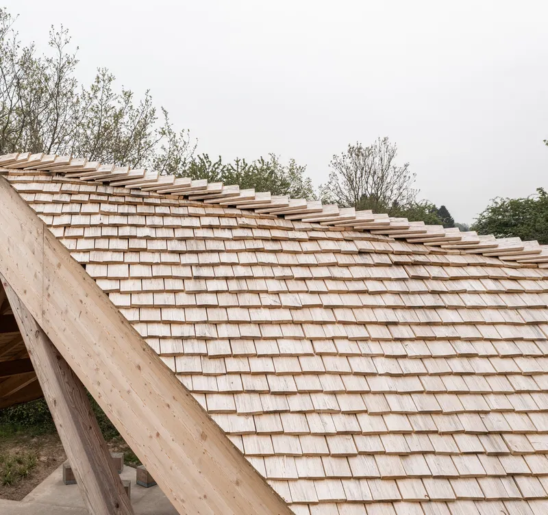 Wood shingle roof with exposed rafter ends curving over a timber structure under overcast skies