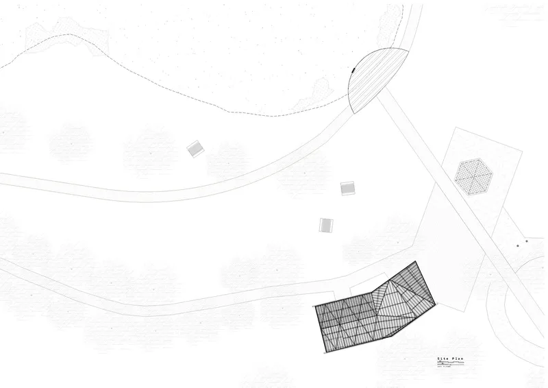 Site plan drawing showing pavilion positioned within curved pathways and scattered landscape elements