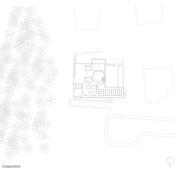 Site plan drawing showing the building among adjacent structures and landscape vegetation