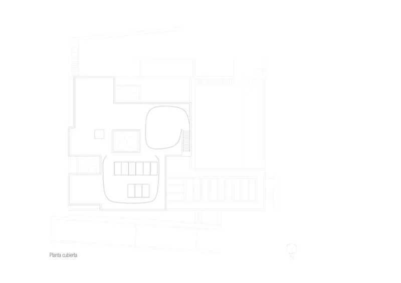 Roof plan drawing showing curved interior volumes and exterior terrace with stair