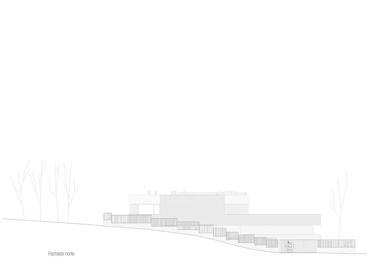 North elevation drawing showing the stepped massing following a sloped site with bare trees