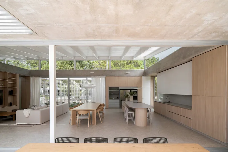 Open-plan interior with timber kitchen, dining table and slatted white ceiling under natural daylight