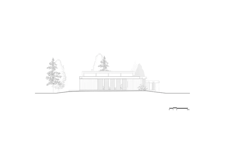 Elevation drawing depicting a horizontal structure with vertical paneling and surrounding conifer trees