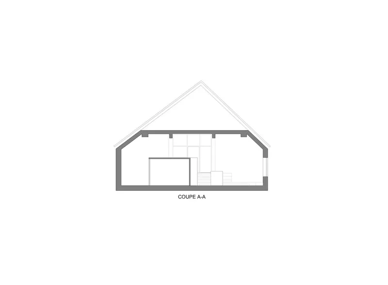 Section drawing showing the gabled roof profile with interior stepped platform and enclosed room