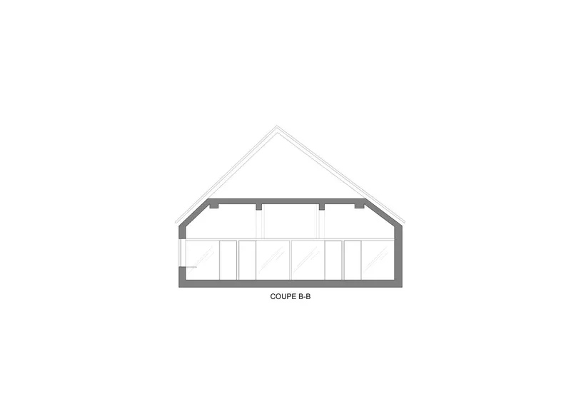 Section drawing showing a pitched roof structure with exposed timber beams over an open interior