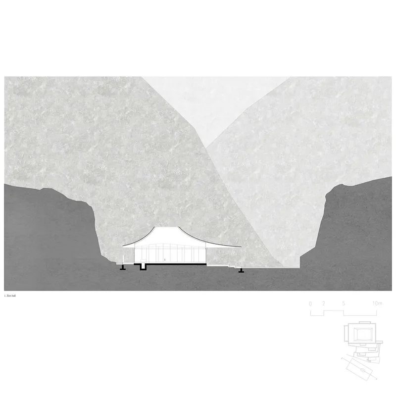 Elevation drawing of a single pavilion with curved roof and vertical slats set between mountain silhouettes