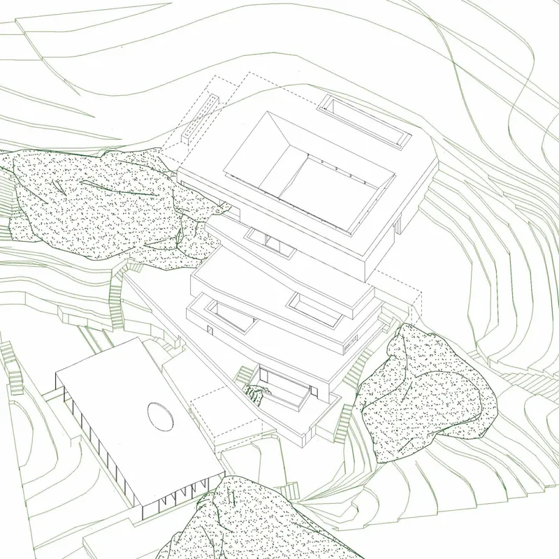 Axonometric drawing showing terraced volumes with planted courtyards and topographic contour lines