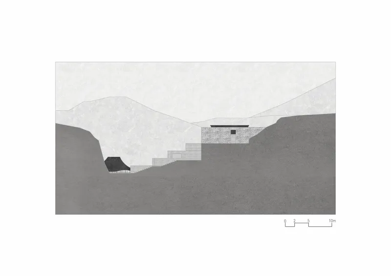 Section drawing depicting a stepped structure nestled into sloping terrain with layered mountains beyond