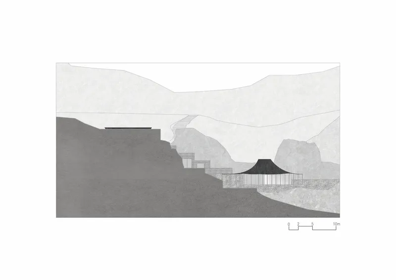 Section drawing showing a pavilion with vertical columns bridging between hillside terraces and distant peaks