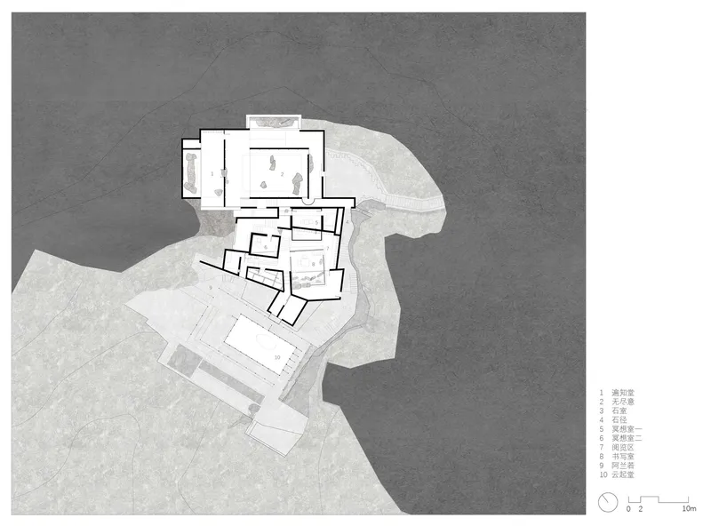 Site plan drawing revealing clustered buildings on a coastal promontory with water to one side