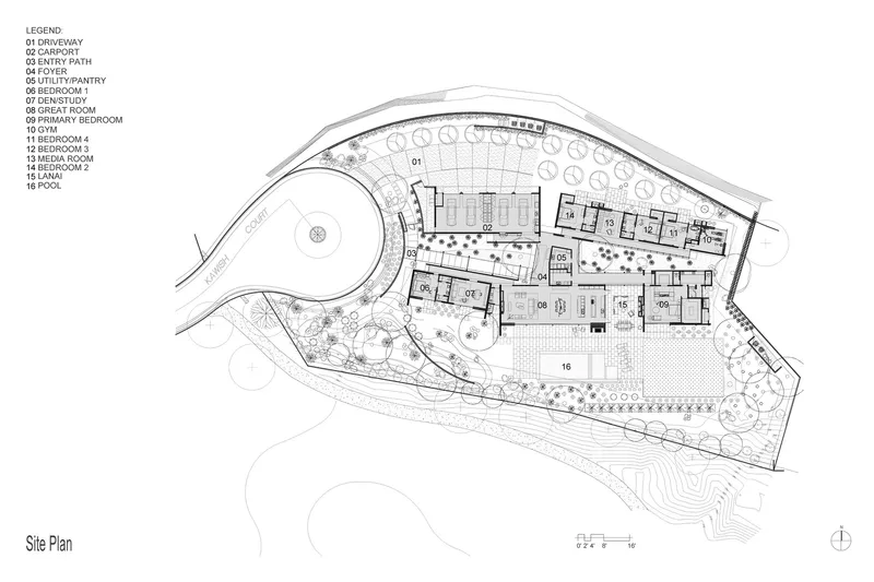 Site plan drawing showing residence with curved driveway and pool on sloping topography