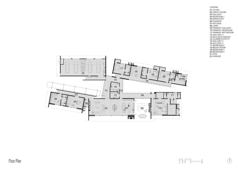 Floor plan drawing showing linear arrangement of rooms radiating from central great room and dining area