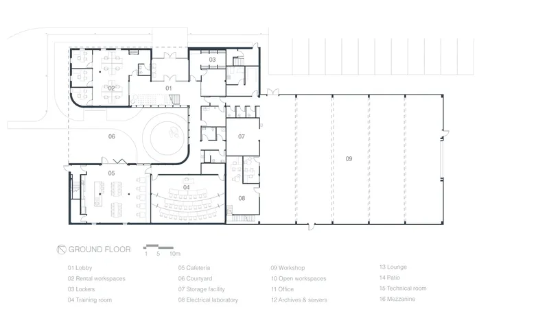 Ground floor plan drawing showing a central training room with surrounding offices and a large workshop space