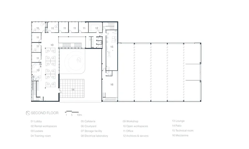Second floor plan drawing showing office workspaces, a central atrium void, and an adjacent workshop hall