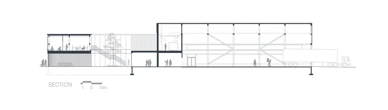 Section drawing showing interior levels with exposed timber roof trusses and figures at ground level