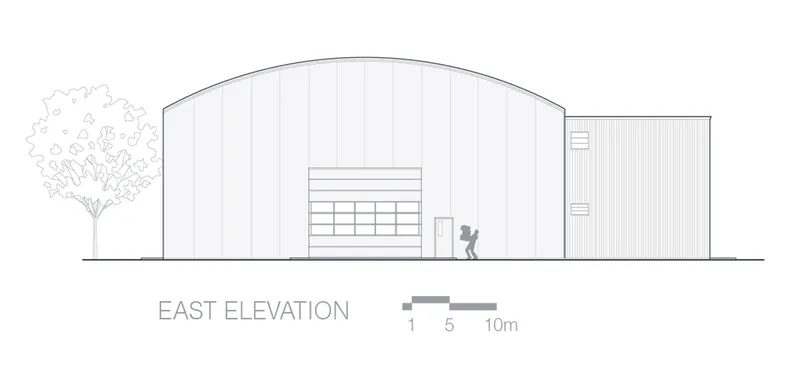 East elevation drawing depicting a barrel-vaulted volume beside a corrugated metal structure with a tree