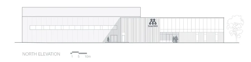 North elevation drawing showing a long horizontal structure with vertical cladding and groups of figures