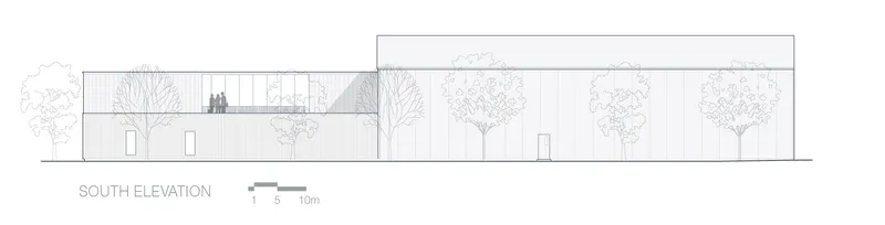 South elevation drawing presenting a low-profile building among rows of deciduous trees