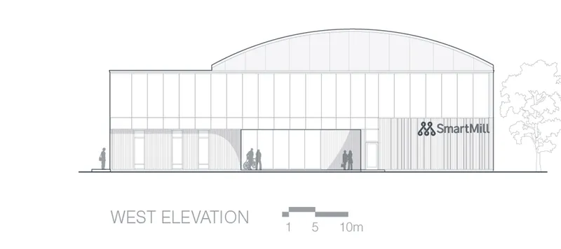 West elevation drawing featuring an arched-roof hall with glazed entry and people approaching on foot