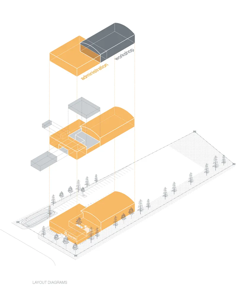 Axonometric diagram illustrating stacked programmatic volumes in orange and grey among trees on sloped terrain