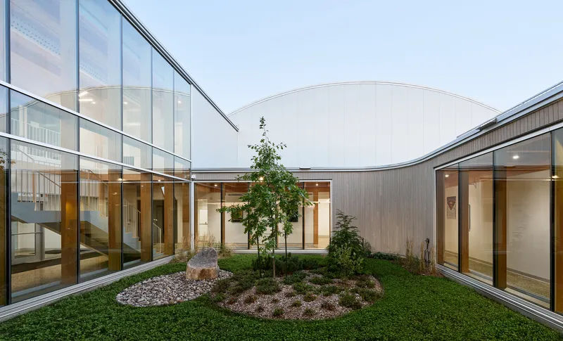 Interior courtyard with planted beds and a young tree framed by glass walls at dusk