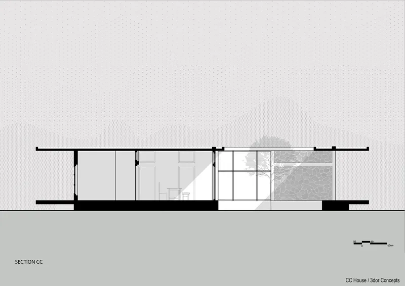 Section drawing revealing the interior spaces beneath the continuous roof plane with a courtyard tree