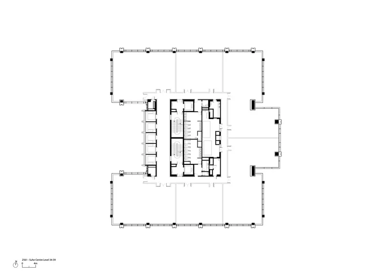 Floor plan showing central core with service rooms and open area within perimeter column grid