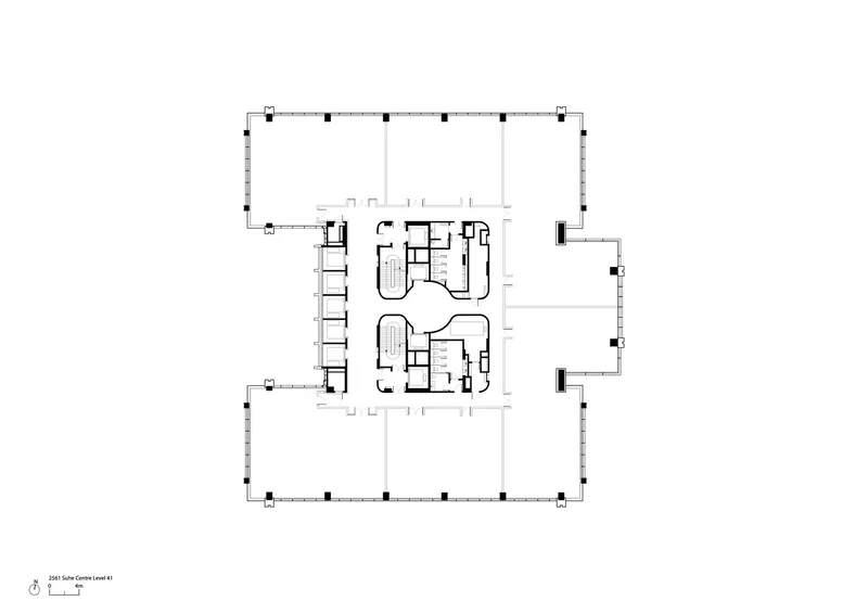 Floor plan drawing showing a square perimeter with curved central cores and extending lateral wings
