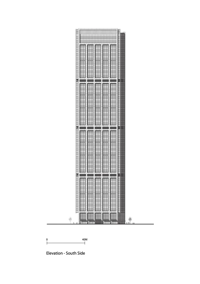 South elevation drawing of a slender tower with repetitive vertical facade bays and side volume