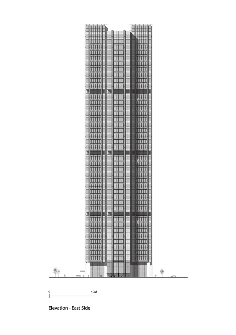 East elevation drawing showing twin residential towers with gridded facades and a central recessed core