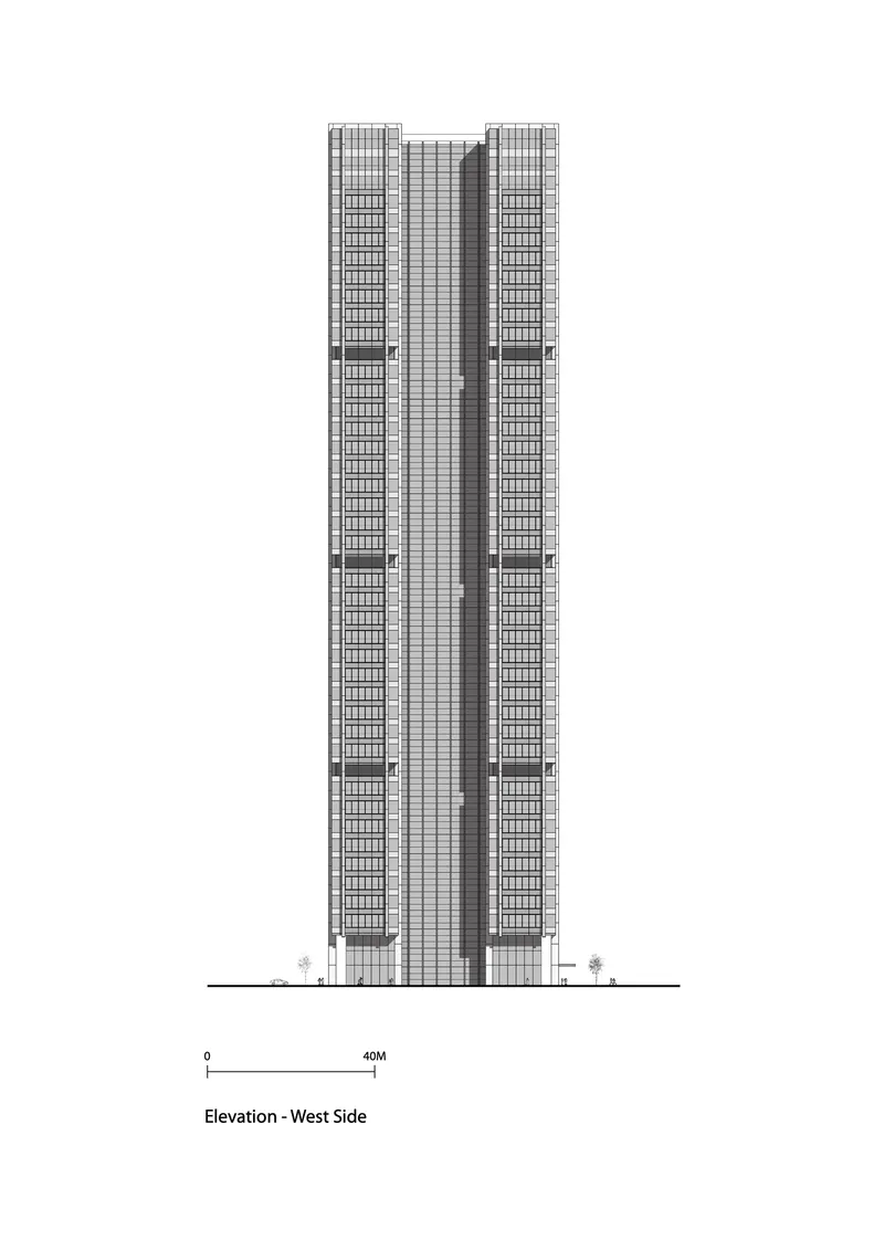 West elevation drawing depicting the slender tower pair with vertical glass spine and lateral grid structure