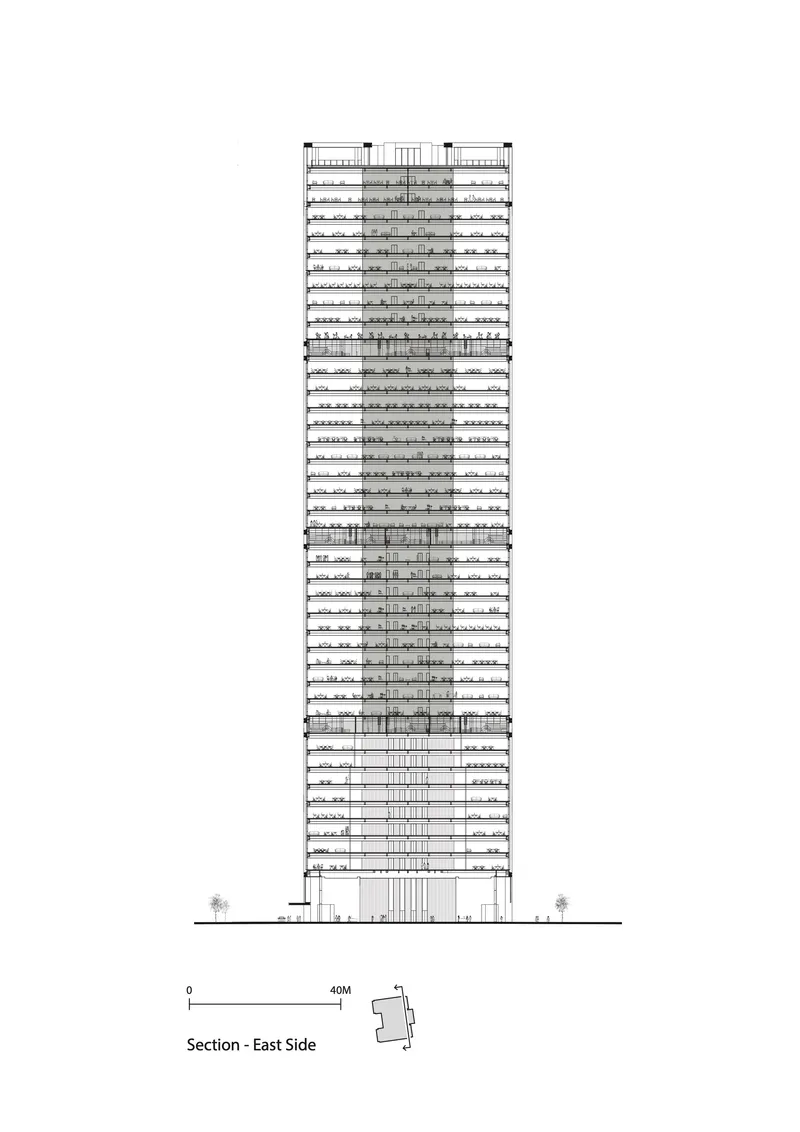 Section drawing through the east side revealing floor plates, vertical circulation cores and mechanical zones