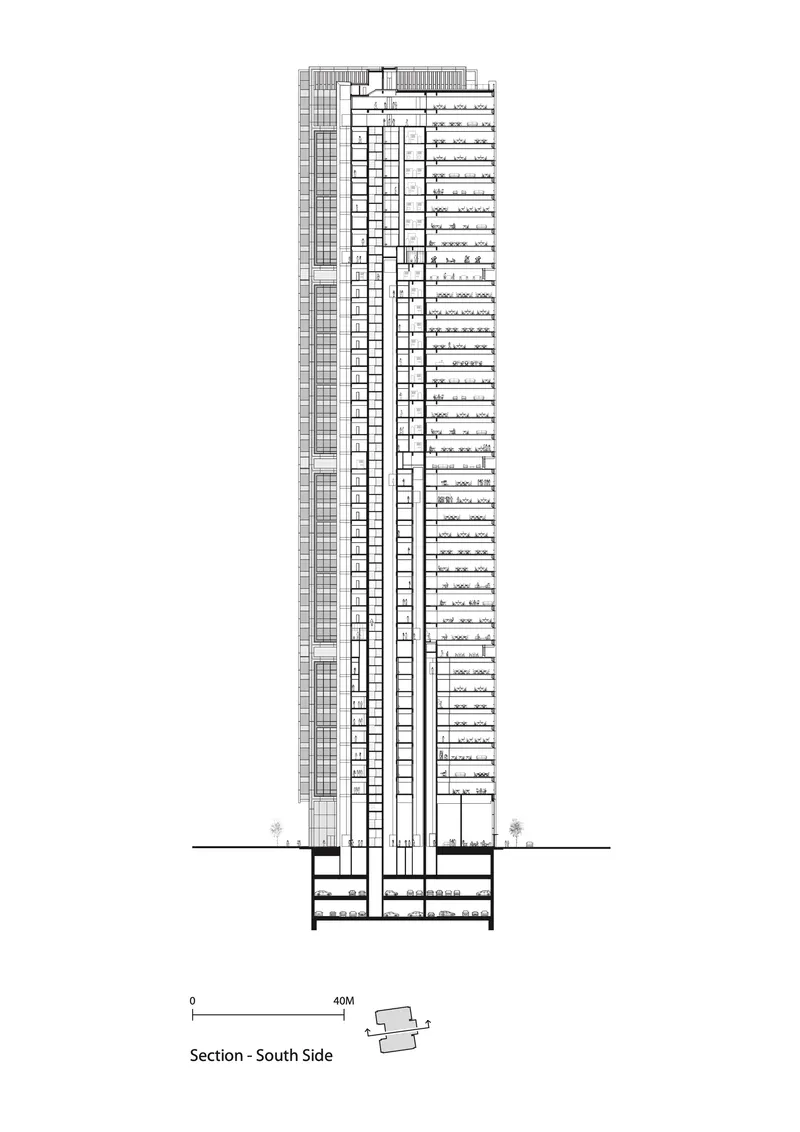 South section drawing showing single tower volume above a podium with underground parking levels