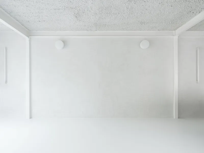 Wide interior room with white walls, terrazzo ceiling, white resin floor and two circular ceiling lights