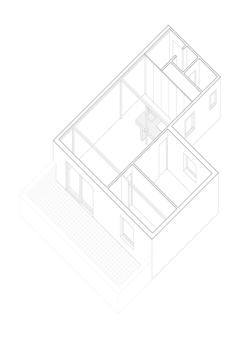 Axonometric drawing revealing the interior room divisions and staircase of a two-level dwelling