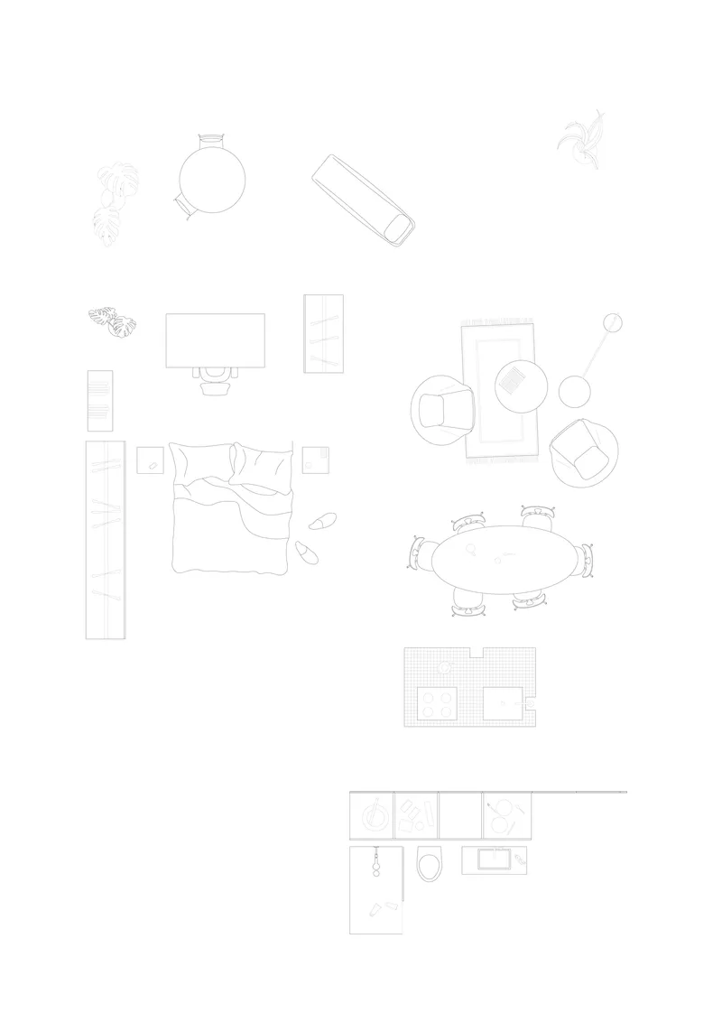 Furniture layout plan showing bed, dining table, and kitchen fixtures scattered across the page
