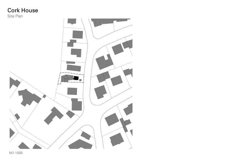 Site plan drawing showing the building footprint within a residential block at 1:1000 scale