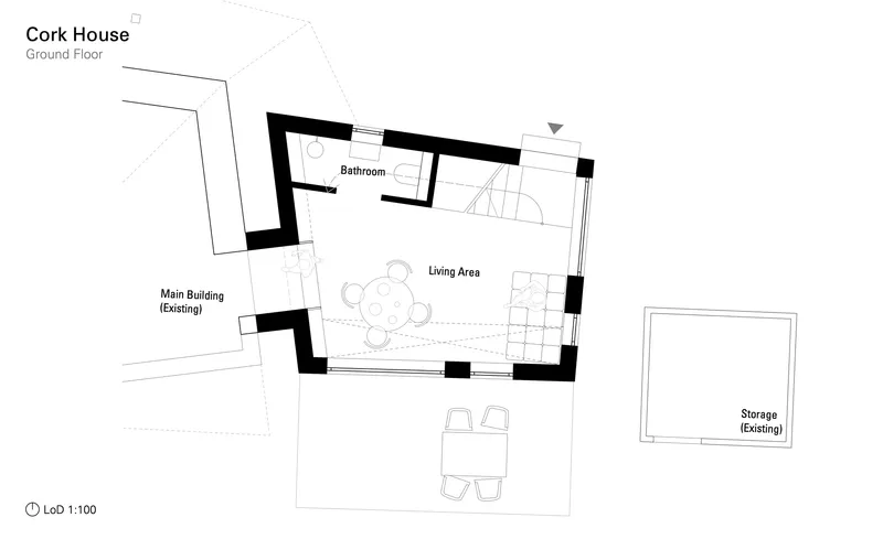 Ground floor plan drawing showing living area, bathroom, and connection to existing building at 1:100 scale