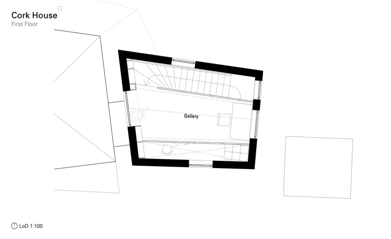 First floor plan drawing showing gallery space with staircase at 1:100 scale