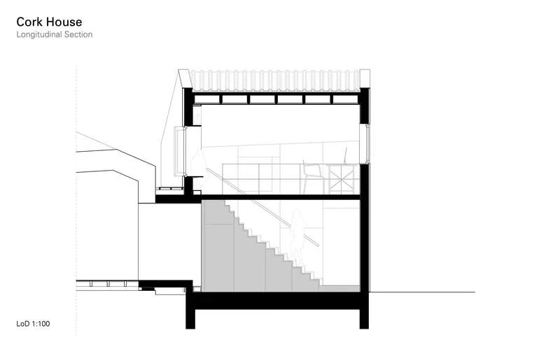 Longitudinal section drawing showing two-story interior with staircase and exposed roof structure at 1:100 scale