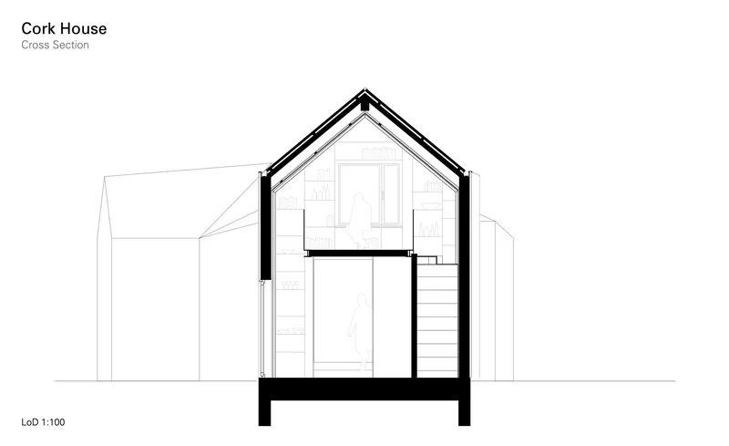 Cross section drawing showing the double-height interior with pitched roof and internal staircase