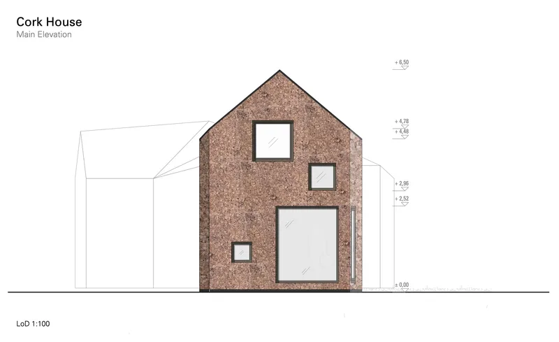 Main elevation drawing of the gabled facade with cork cladding and asymmetrically placed windows